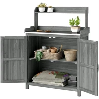 Outsunny Wooden Potting Bench Table with Aluminium Worktop, Outdoor Garden Workbench with Top Shelf and Cabinet Storage(m-11)