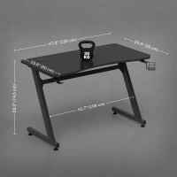 HOMCOM Bureau gaming avec support casque porte-gobelet passe-câbles inclus, pieds réglables, cadre en acier et bois, noir(m-3)
