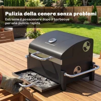 Outsunny Barbecue Portatile a Carbone con Prese d'Aria, Vassoio per Cenere e Termometro, in Acciaio, 74.5x54x46 cm, Nero(m-8)