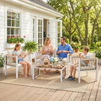 Outsunny 4 Piece Rattan Garden Furniture Set with Loveseat, 2 Armchairs, Table, Metal Frame Patio Conversation Set, Cream White(m-8)