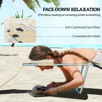 Outsunny Foldable Sun Lounger, Beach Chaise Lounge with Reading Hole, Arm Slots, 5-Position Adjustable Backrest, Side Pocket, Pillow for Garden, Beach, Camping, Beige(m-5)