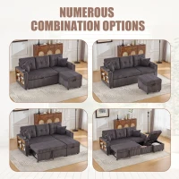 Modern Corduroy Sofa Bed with Pull-Out Bed, Storage and LED Lighting, Plush Sleeper Couch for Living Rooms, 196L × 82W × 85H cm, Dark Gray(m-10)