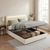 HOMCOM Pat cu spațiu de depozitare 140 x 190 cm, LED RGB, Tăblie Reglabilă, Cadru de Pat Dublu Căptușit Catifea, Depozitare Hidraulică, Crem(m-4)