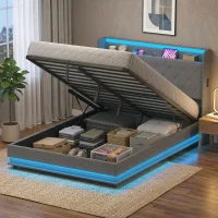HOMCOM Bettgestell 140 x 200 cm mit Kopf- und Fußteil, Plattformbett mit hydraulischem Stauraum, LED-Lichtern(m-10)