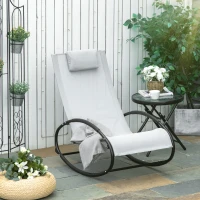 Outsunny Outdoor Rocking Chair Sun Lounger Recliner Rocker with Texteline Fabric Patio Garden Relaxer with Pillow Grey(m-10)