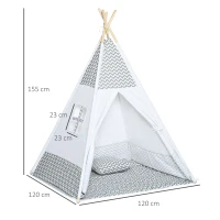 HOMCOM Tente Teepee Indien Tente de jeu pour Enfant Style Graphique - dim. 1,2L x 1,2I x 1,55H m - Porte refermable Fenêtre Tapis Coussin Sac Transport Inclus - à l'Intérieur à l'Extérieur Gris Blanc(m-3)