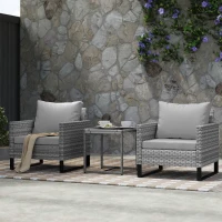 Outsunny 3 Pieces Rattan Bistro Set with 4 Cushions, Wicker Garden Furniture Set, Glass Top Coffee Table and Chairs for Outdoor Patio, Balcony, Terrace and Conservatory, Grey(m-10)