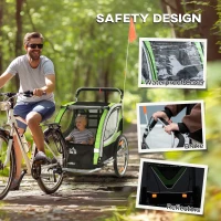 HOMCOM Child Bike Trailer 2 In 1 Baby Stroller 2 Seater Transport Carrier with Hitch Coupler, Brake, 5 Point Harness, Storage Bag, Reflector, Flag, Green(m-8)
