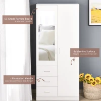 HOMCOM 2 Door 3 Drawer Mirrored Wardrobe with Hanging Rail, Modern Clothes Storage Cupboard with Mirror, Drawers and Adjustable Shelves for Bedroom, 80 x 50 x 180 cm, White(m-6)