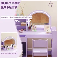 AIYAPLAY Kids Vanity Table and Chair Set, Kids Vanity Table with 2-Colour LED Mirror, Stool, Cabinet, Drawer, Shelves, Purple(m-7)