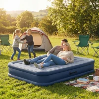 Outsunny Inflatable Mattress, Double Air Bed with Built-in Electric Pump, 3 Mins Inflation, Flocked Surface, Grey(m-14)