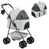 PawHut 3-in-1-Haustierkinderwagen, zusammenklappbarer Hundewagen mit 4 Rädern und abnehmbarer Trage für Hunde und Katzen, Grau(m-12)