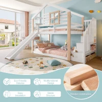 Modern Minimalist Kids Bunk Bed with Slide and Storage Stairs, Solid Wood House Bed for Siblings and Sleepovers, 194L x 90W x 206H cm, White(m-6)