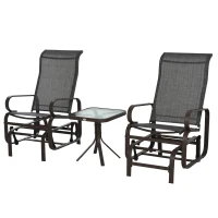 Outsunny 3 Pieces Garden Gliding Chair Set, Metal Frame 2 Single Armchair Swing Seater and 1 Glass Top Coffee Table w/ Breath Mesh Fabric Seat, Brown(m-1)