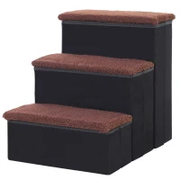 PawHut Escalera para Mascotas de 3 Peldaños Plegable con Tapas Abatibles y Espacio de Almacenamiento 3 Escalones de Perros Gatos Pequeños de Vellón Bereber para Cama Sofá 40x54x48 cm Negro(m-12)