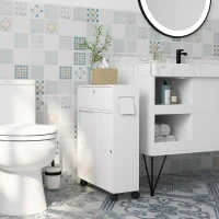 kleankin Armario de Baño Mueble Auxiliar con 4 Ruedas 2 Agujeros para Papel 2 Armarios y Estantes Ajustables 52x17x67 cm Blanco(m-2)