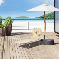 Outsunny Foldable Sun Lounger, Beach Chaise Lounge with Reading Hole, Arm Slots, 5-Position Adjustable Backrest, Side Pocket, Pillow for Garden, Beach, Camping, Beige(m-2)