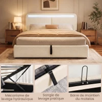 HOMCOM Lit Coffre 140 x 190 cm, LED RGB, Tête Réglable, Cadre de Lit Double Rembourré Velours, Rangement Hydraulique, Crème(m-7)