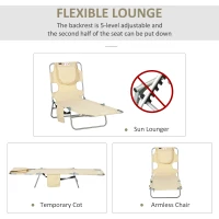 Outsunny Foldable Sun Lounger, Beach Chaise Lounge with Reading Hole, Arm Slots, 5-Position Adjustable Backrest, Side Pocket, Pillow for Garden, Beach, Camping, Beige(m-4)