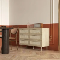 HOMCOM Cómoda para Dormitorio con 6 Cajones con Frontal de Ratán Patas de Madera Cajonera Estilo Bohemio 110x40x75 cm Roble(m-11)