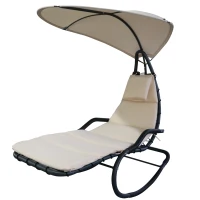 Outsunny Poltrona a Dondolo da Giardino Ergonomica, Lettino Sdraio Imbottito e Poggiatesta, 165x120x180cm Grigio e Crema(m-11)