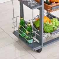 HOMCOM Küchenwagen auf Rädern, Rollwagen mit 2 Regalen, Servierwagen, Bastelwagen mit Arbeitsplatte und Gewürzregal, Rollregal für Küche, Esszimmer, Kiefernholz, Grau, 47 x 37 x 83 cm(m-9)