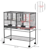 PawHut Jaula para Pájaros con Ruedas Pajarera Doble con 2 Bandejas Múltiples Puertas 4 Comederos 4 Perchas 95x45,5x102 cm Gris(m-3)