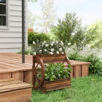 Outsunny Fioriera in Legno da Esterno a 2 Livelli con 3 Vasi e Ruote di Carro Stile Country, 55x32x56cm(m-6)