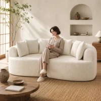 HOMCOM Canapea 3 locuri curbată din chenille 188 cm, canapea pentru living cu șezut adânc, 6 perne, umplutură groasă, crem(m-6)