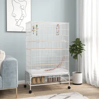 PawHut Cage à oiseaux sur pieds roulettes avec 4 mangeoires et 3 perchoirs 79 x 49 x 133 cm blanc(m-2)