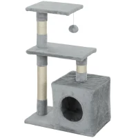PawHut Tiragraffi per Gatti con Casetta, 2 Piattaforme e Pallina, in Legno, Sisal e Peluche, 50x30x81.5 cm, Grigio(m-11)