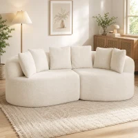 HOMCOM Canapea 3 locuri curbată din chenille 188 cm, canapea pentru living cu șezut adânc, 6 perne, umplutură groasă, crem(m-7)