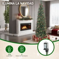 HOMCOM Árbol de Navidad Estrecho 210 cm con Luces LED 8 Modos de Iluminación Ramas con Purpurina Plateada Piñas Bayas Verde(m-5)