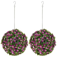 HOMCOM Set of 2 Decorative Artificial Plants, UV-protected Artificial Plant Topiary Rose Balls, Fake Plants for Home Indoor outdoor Decor, 28cm, Purple(m-1)