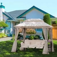 Outsunny Balancelle de Jardin 3 Places Convertible Style Colonial Grand Confort 2 Coussins + Matelas + moustiquaires Inclus Noir Beige(m-2)