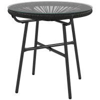 Outsunny Rattan Side Table, Round Outdoor Coffee Table, with Round PE Rattan and Tempered Glass Tabletop for Patio, Garden, Balcony, Black(m-11)