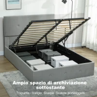 HOMCOM Letto Contenitore con Spazio a Scomparsa e Testiera Vellutata a Trapunta, in Legno e Metallo, 195x141x106 cm, Grigio(m-3)