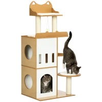 PawHut Arbre à chat design contemporain griffoirs grattoirs 2 niches plate-formes 5 coussins sisal naturel hauteur 133 cm blanc(m-1)