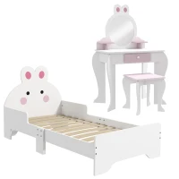 ZONEKIZ Wooden Kids Bedroom Furniture Set with Kids Dressing Table, Stool, Bed, for 3-6 Years, Bunny-Design(m-1)