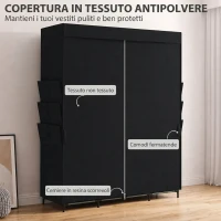 HOMCOM Armadio in Tessuto Salvaspazio con 3 Aste, 3 Ripiani, 6 Tasche Laterali, Ante Antipolvere con Zip, Nero(m-5)