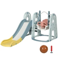 HOMCOM Set de Joacă pentru Copii de 5 Ani max cu Leagăn, Tobogan, Coș de Baschet și Scară, din HDPE și PP(m-1)