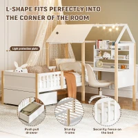 Modern House-Shaped Kids Bed Frame with L-Shaped Desk, Solid Wood Loft Bed with Roomy Rolling Drawers, 195L x 90W x 164.5H cm, White(m-4)