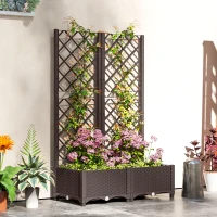 Outsunny Raised Garden Bed with Trellis, Plastic Planter Box with Drainage Holes, Drain Plugs and Water Reservoirs for Climbing Plants, Vegetables, Flowers, Brown(m-10)