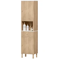 HOMCOM Columna de Baño con Cajón, 2 Armarios y Estantes Ajustables, Estante Efecto Mármol, 41.5x30x168 cm, Roble(m-11)