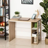 HOMCOM Scrivania Moderna in Legno con Scaffale a 3 Ripiani, 100x44x74cm, Bianco e Quercia(m-6)