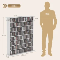 HOMCOM Regał multimedialny, 8 poziomów, regał na DVD z 12 regulowanymi półkami, 16 przegród, pojemność 720 CD, biały(m-3)