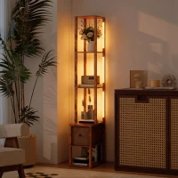 HOMCOM Floor Lamp with Shelves, LED Column Modern Standing Lamp with Fabric Drawer, Adjustable Brightness, Foot Switch for Living Room, Bedroom, Office, Rustic Brown(m-10)