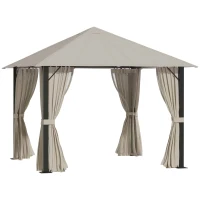 Outsunny Gazebo da Giardino 3x3m in Alluminio e Acciaio con Prese d'Aria, Zanzariera e Tende, Cachi(m-1)