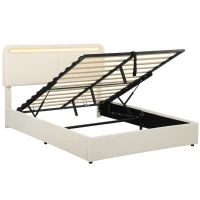 HOMCOM Pat cu spațiu de depozitare 140 x 190 cm, LED RGB, Tăblie Reglabilă, Cadru de Pat Dublu Căptușit Catifea, Depozitare Hidraulică, Crem(m-9)