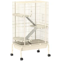 PawHut 4-Level Rolling Small Animal Cage, Rabbit Cage with 3 Ramps, Water Bottle, Food Dish, 15cm Deep Tray, Beige(m-11)